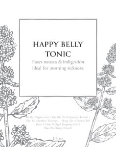 Black and White label of Happy Belly Tea, mint leaves. Supports acupuncture in the first trimester of pregnancy