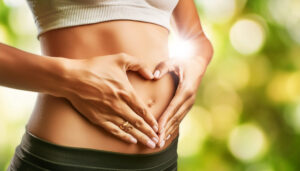 Extreme close-up of female hands in heart shape in front of stomach against a natural green defocused background. Body care, pregnancy or diet concept. Generative Ai.