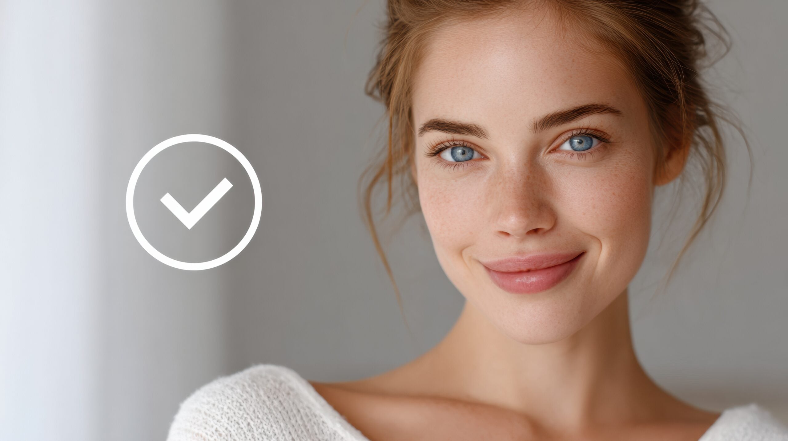 Skincare Quiz Interface Displayed on Confident Woman With Clear Skin and Natural Expression in a Well-Lit Setting AdobeStock 1634142279 scaled