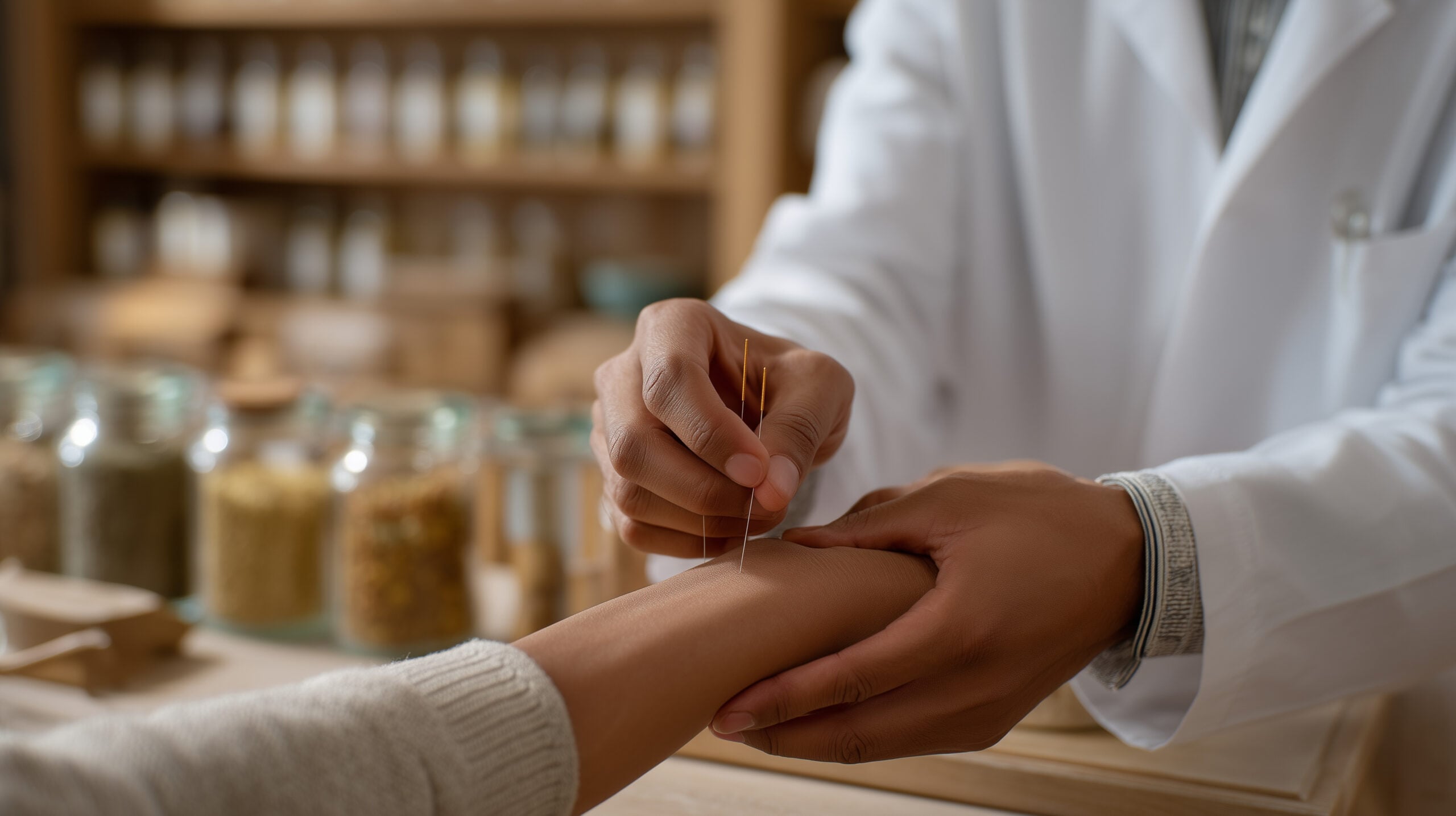 Close-up of a traditional Chinese medicine practitioner’s hands placing acupuncture needles along a patient’s forearm in a contemporary integrative hospital environment, clinical equipment and herba AdobeStock 2011203628 scaled